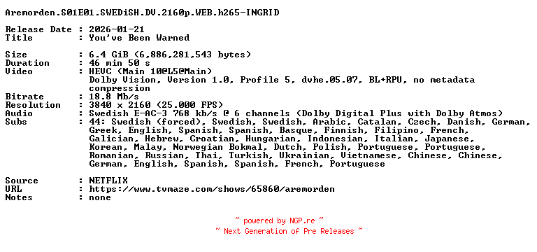 NFO for the release Aremorden.S01E01.SWEDiSH.DV.2160p.WEB.h265-INGRID by INGRID