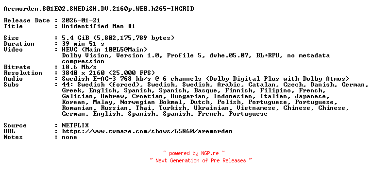 NFO for the release Aremorden.S01E02.SWEDiSH.DV.2160p.WEB.h265-INGRID by INGRID
