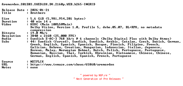 NFO for the release Aremorden.S01E03.SWEDiSH.DV.2160p.WEB.h265-INGRID by INGRID