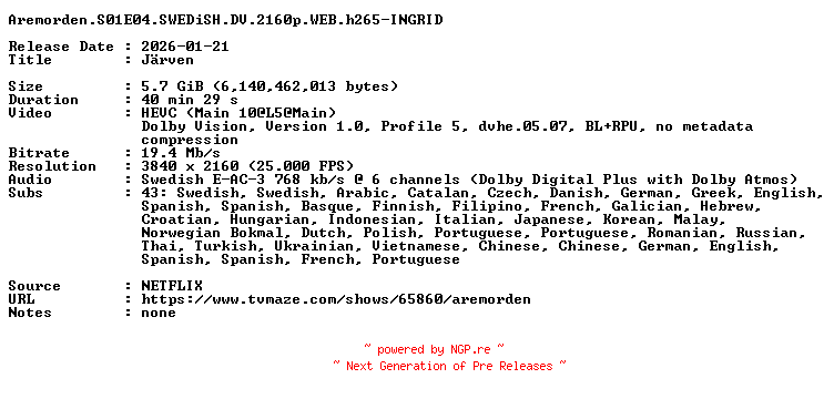 NFO for the release Aremorden.S01E04.SWEDiSH.DV.2160p.WEB.h265-INGRID by INGRID