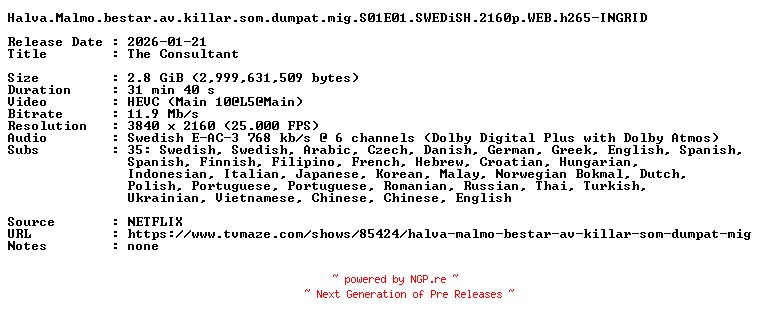 NFO for the release Halva.Malmo.bestar.av.killar.som.dumpat.mig.S01E01.SWEDiSH.2160p.WEB.h265-INGRID by INGRID