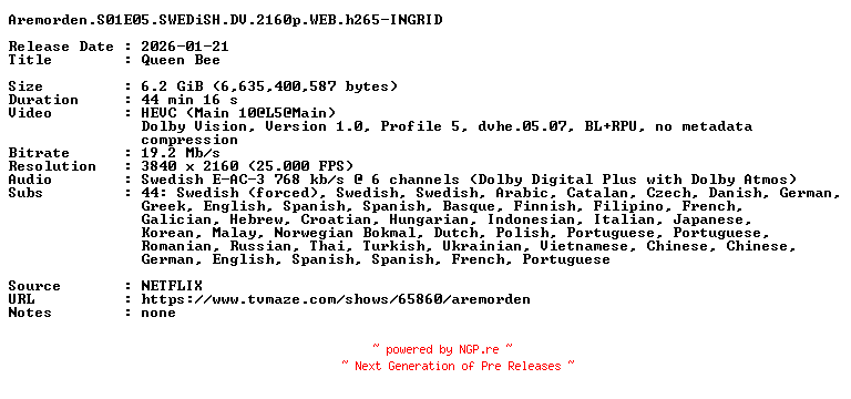 NFO for the release Aremorden.S01E05.SWEDiSH.DV.2160p.WEB.h265-INGRID by INGRID