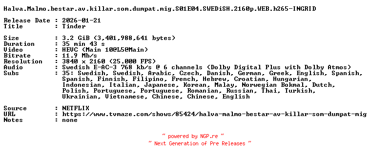 NFO for the release Halva.Malmo.bestar.av.killar.som.dumpat.mig.S01E04.SWEDiSH.2160p.WEB.h265-INGRID by INGRID