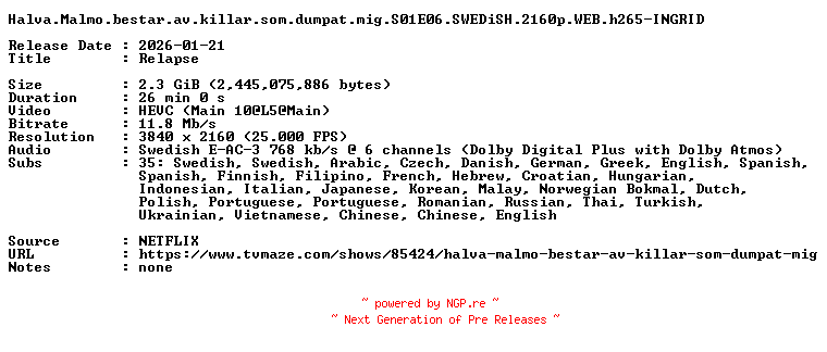 NFO for the release Halva.Malmo.bestar.av.killar.som.dumpat.mig.S01E06.SWEDiSH.2160p.WEB.h265-INGRID by INGRID