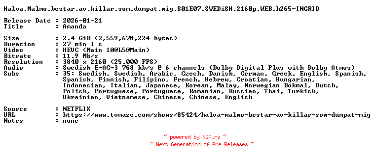 NFO for the release Halva.Malmo.bestar.av.killar.som.dumpat.mig.S01E07.SWEDiSH.2160p.WEB.h265-INGRID by INGRID