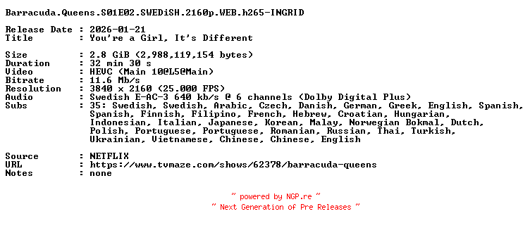 NFO for the release Barracuda.Queens.S01E02.SWEDiSH.2160p.WEB.h265-INGRID by INGRID