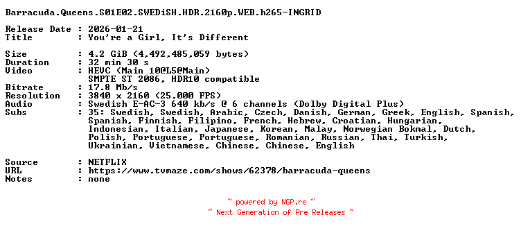 NFO for the release Barracuda.Queens.S01E02.SWEDiSH.HDR.2160p.WEB.h265-INGRID by INGRID