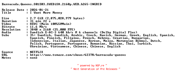 NFO for the release Barracuda.Queens.S01E03.SWEDiSH.2160p.WEB.h265-INGRID by INGRID
