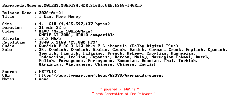 NFO for the release Barracuda.Queens.S01E03.SWEDiSH.HDR.2160p.WEB.h265-INGRID by INGRID