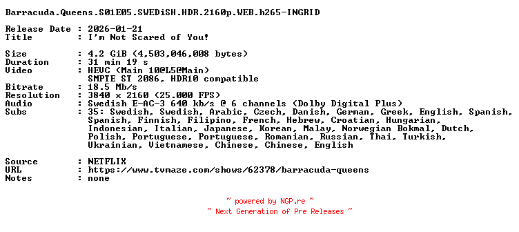 NFO for the release Barracuda.Queens.S01E05.SWEDiSH.HDR.2160p.WEB.h265-INGRID by INGRID