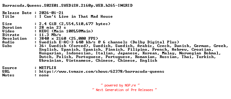 NFO for the release Barracuda.Queens.S02E01.SWEDiSH.2160p.WEB.h265-INGRID by INGRID