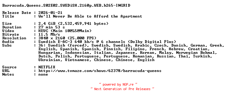 NFO for the release Barracuda.Queens.S02E02.SWEDiSH.2160p.WEB.h265-INGRID by INGRID