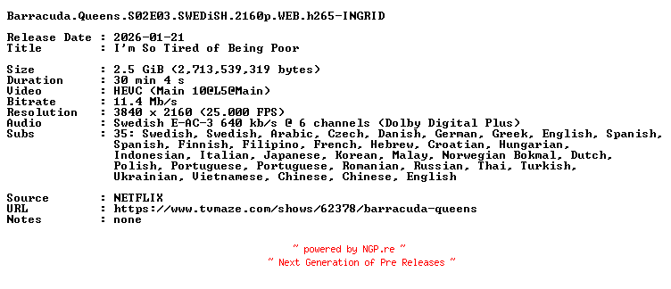 NFO for the release Barracuda.Queens.S02E03.SWEDiSH.2160p.WEB.h265-INGRID by INGRID