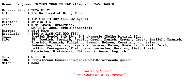 NFO for the release Barracuda.Queens.S02E03.SWEDiSH.HDR.2160p.WEB.h265-INGRID by INGRID