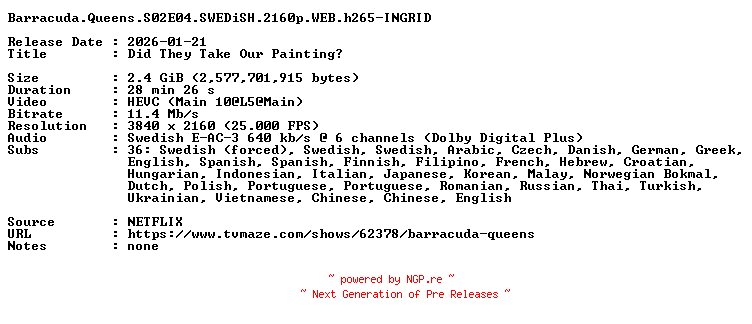 NFO for the release Barracuda.Queens.S02E04.SWEDiSH.2160p.WEB.h265-INGRID by INGRID