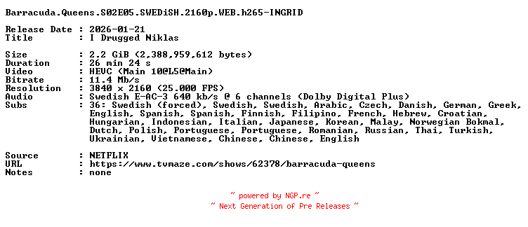 NFO for the release Barracuda.Queens.S02E05.SWEDiSH.2160p.WEB.h265-INGRID by INGRID