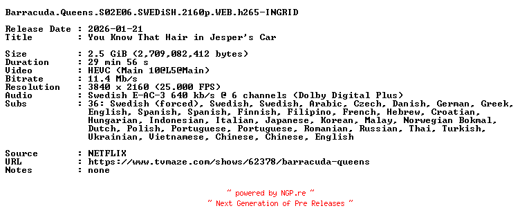 NFO for the release Barracuda.Queens.S02E06.SWEDiSH.2160p.WEB.h265-INGRID by INGRID