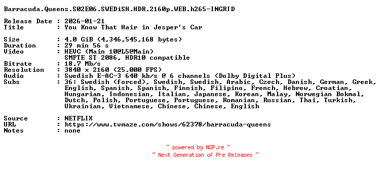 NFO for the release Barracuda.Queens.S02E06.SWEDiSH.HDR.2160p.WEB.h265-INGRID by INGRID