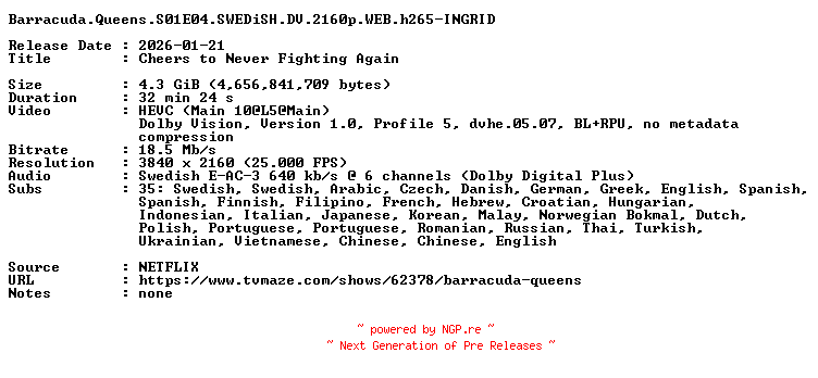 NFO for the release Barracuda.Queens.S01E04.SWEDiSH.DV.2160p.WEB.h265-INGRID by INGRID