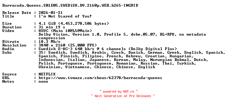 NFO for the release Barracuda.Queens.S01E05.SWEDiSH.DV.2160p.WEB.h265-INGRID by INGRID