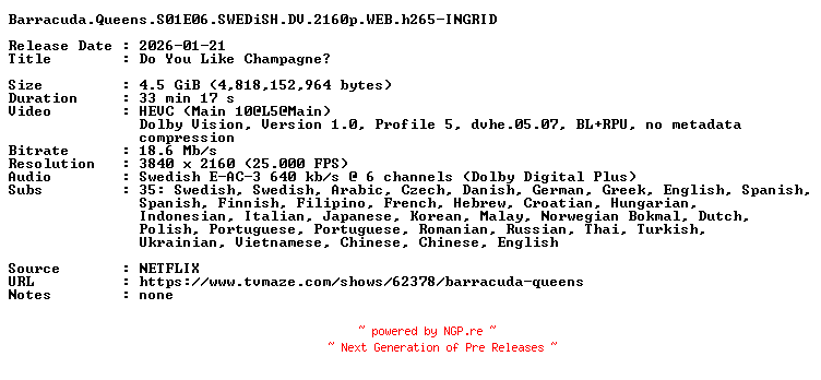 NFO for the release Barracuda.Queens.S01E06.SWEDiSH.DV.2160p.WEB.h265-INGRID by INGRID