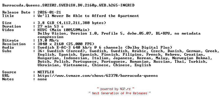 NFO for the release Barracuda.Queens.S02E02.SWEDiSH.DV.2160p.WEB.h265-INGRID by INGRID