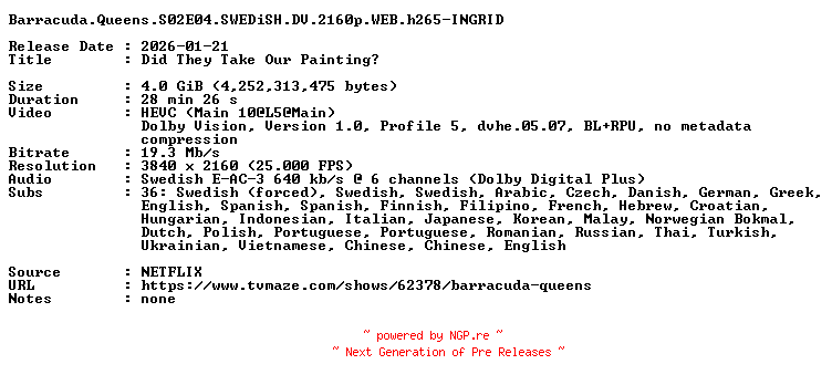 NFO for the release Barracuda.Queens.S02E04.SWEDiSH.DV.2160p.WEB.h265-INGRID by INGRID