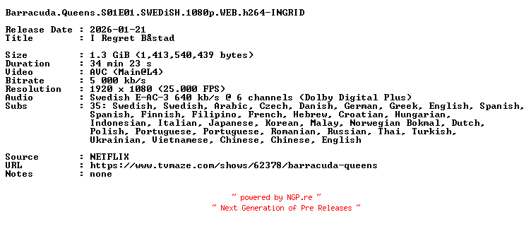 NFO for the release Barracuda.Queens.S01E01.SWEDiSH.1080p.WEB.h264-INGRID by INGRID