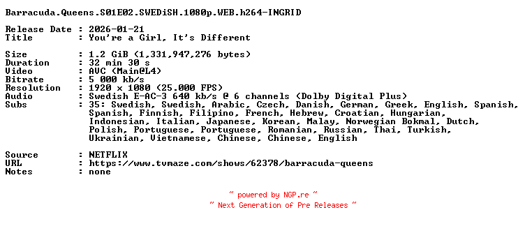 NFO for the release Barracuda.Queens.S01E02.SWEDiSH.1080p.WEB.h264-INGRID by INGRID