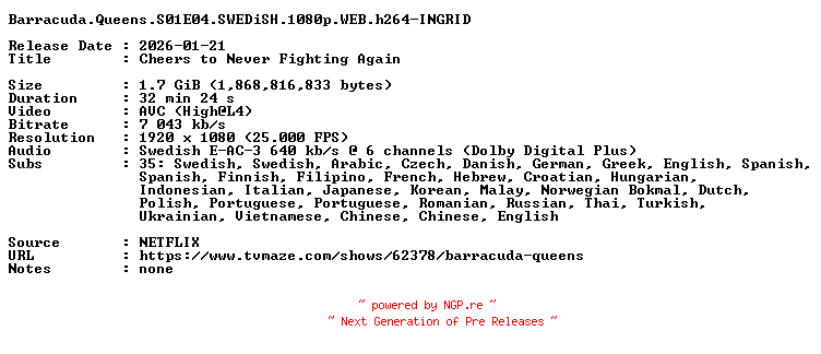 NFO for the release Barracuda.Queens.S01E04.SWEDiSH.1080p.WEB.h264-INGRID by INGRID