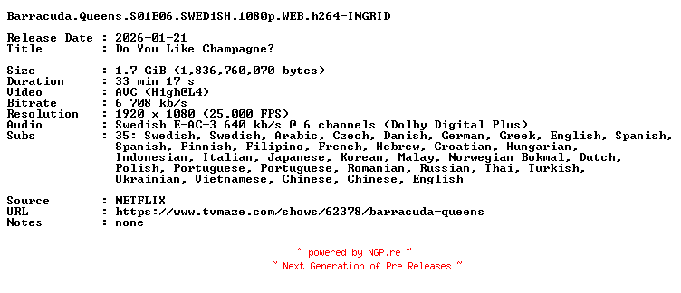 NFO for the release Barracuda.Queens.S01E06.SWEDiSH.1080p.WEB.h264-INGRID by INGRID