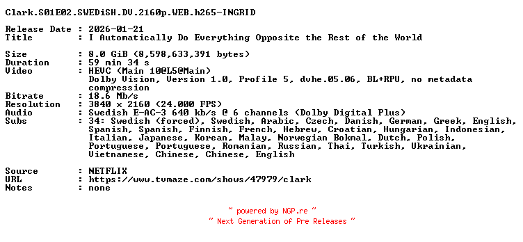 NFO for the release Clark.S01E02.SWEDiSH.DV.2160p.WEB.h265-INGRID by INGRID