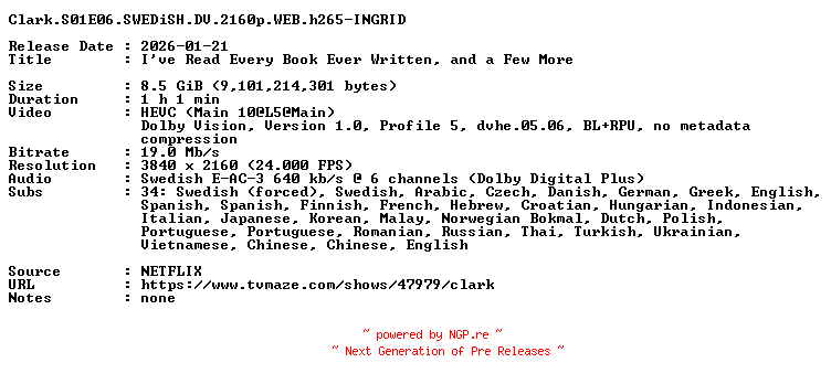 NFO for the release Clark.S01E06.SWEDiSH.DV.2160p.WEB.h265-INGRID by INGRID
