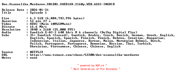 NFO for the release Den.Osannolika.Mordaren.S01E01.SWEDiSH.2160p.WEB.h265-INGRID by INGRID