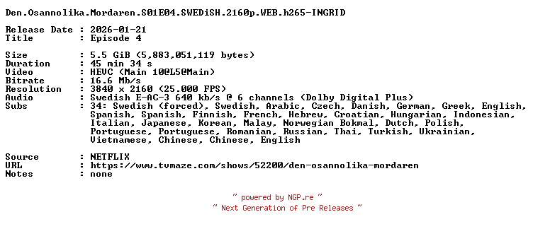 NFO for the release Den.Osannolika.Mordaren.S01E04.SWEDiSH.2160p.WEB.h265-INGRID by INGRID