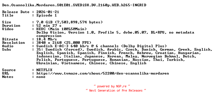 NFO for the release Den.Osannolika.Mordaren.S01E01.SWEDiSH.DV.2160p.WEB.h265-INGRID by INGRID