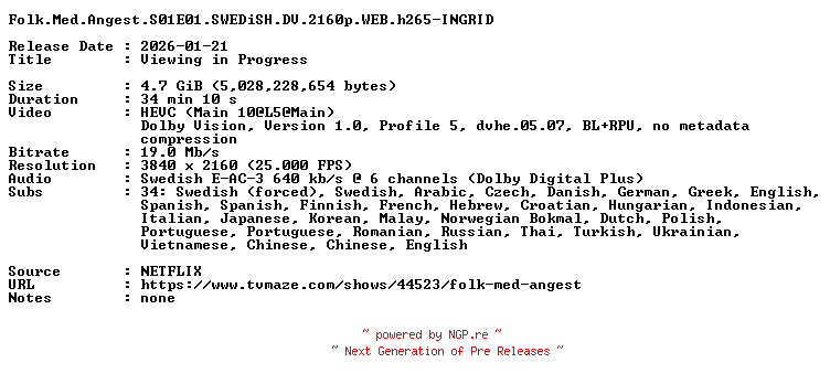 NFO for the release Folk.Med.Angest.S01E01.SWEDiSH.DV.2160p.WEB.h265-INGRID by INGRID