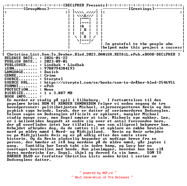 NFO for the release Christina.List.Som.To.Draber.Blod.2023.DANiSH.RETAiL.ePub.eBOOK-DECiPHER by DECiPHER