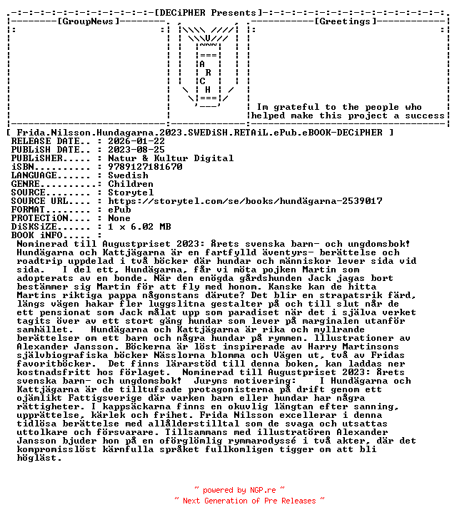 NFO for the release Frida.Nilsson.Hundagarna.2023.SWEDiSH.RETAiL.ePub.eBOOK-DECiPHER by DECiPHER