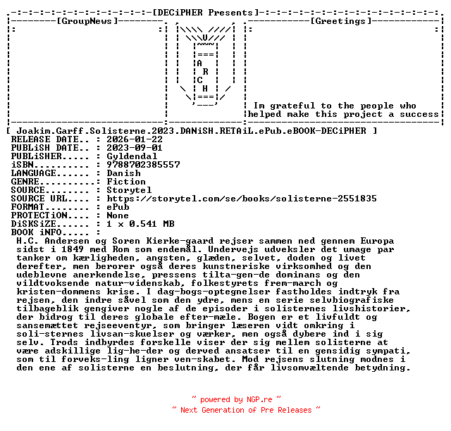NFO for the release Joakim.Garff.Solisterne.2023.DANiSH.RETAiL.ePub.eBOOK-DECiPHER by DECiPHER