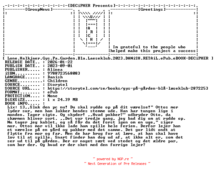 NFO for the release Lone.Halkjaer.Gys.Pa.Garden.Bla.Laeseklub.2023.DANiSH.RETAiL.ePub.eBOOK-DECiPHER by DECiPHER