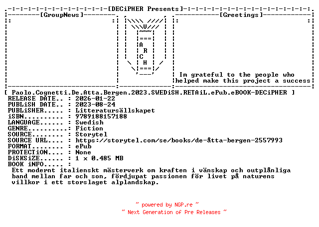 NFO for the release Paolo.Cognetti.De.Atta.Bergen.2023.SWEDiSH.RETAiL.ePub.eBOOK-DECiPHER by DECiPHER