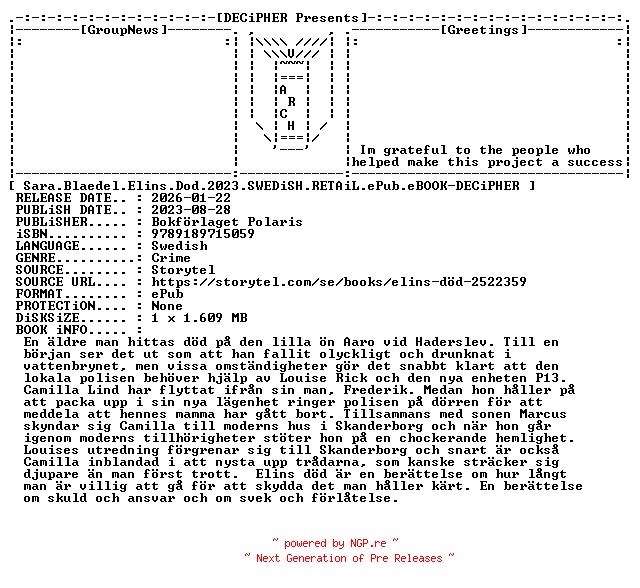 NFO for the release Sara.Blaedel.Elins.Dod.2023.SWEDiSH.RETAiL.ePub.eBOOK-DECiPHER by DECiPHER