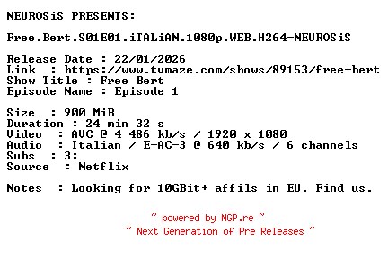 NFO for the release Free.Bert.S01E01.iTALiAN.1080p.WEB.H264-NEUROSiS by NEUROSiS