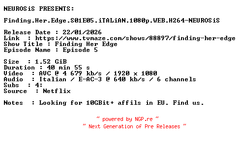 NFO for the release Finding.Her.Edge.S01E05.iTALiAN.1080p.WEB.H264-NEUROSiS by NEUROSiS