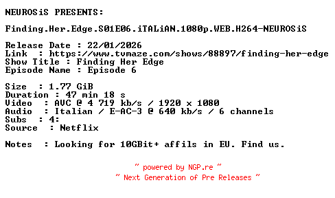 NFO for the release Finding.Her.Edge.S01E06.iTALiAN.1080p.WEB.H264-NEUROSiS by NEUROSiS