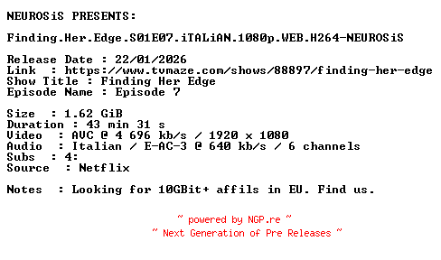 NFO for the release Finding.Her.Edge.S01E07.iTALiAN.1080p.WEB.H264-NEUROSiS by NEUROSiS