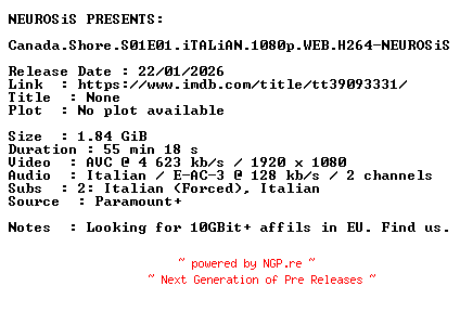 NFO for the release Canada.Shore.S01E01.iTALiAN.1080p.WEB.H264-NEUROSiS by NEUROSiS