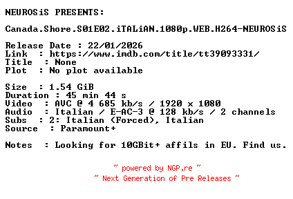 NFO for the release Canada.Shore.S01E02.iTALiAN.1080p.WEB.H264-NEUROSiS by NEUROSiS