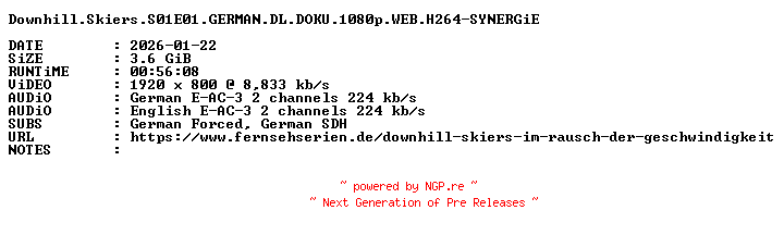 NFO for the release Downhill.Skiers.S01E01.GERMAN.DL.DOKU.1080p.WEB.H264-SYNERGiE by SYNERGiE